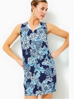 Lilly Pulitzer Johana Dress Swim Coverup Pockets Low Tide Navy Bouquet All Day L